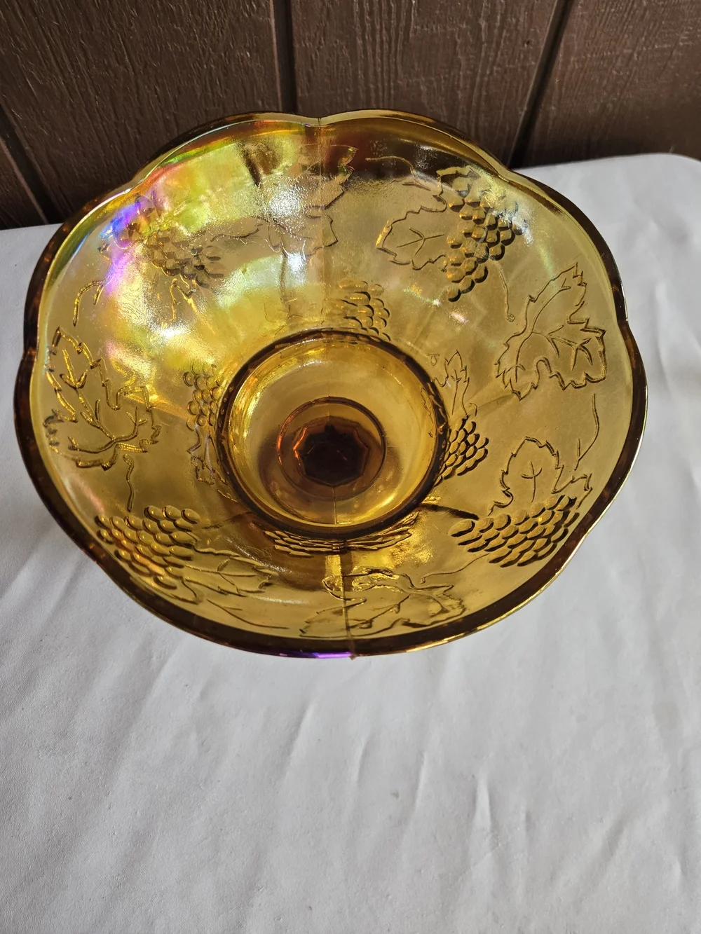 Vintage Indiana Marigold Amber Carnival Glass Harvest Grape Design Compote